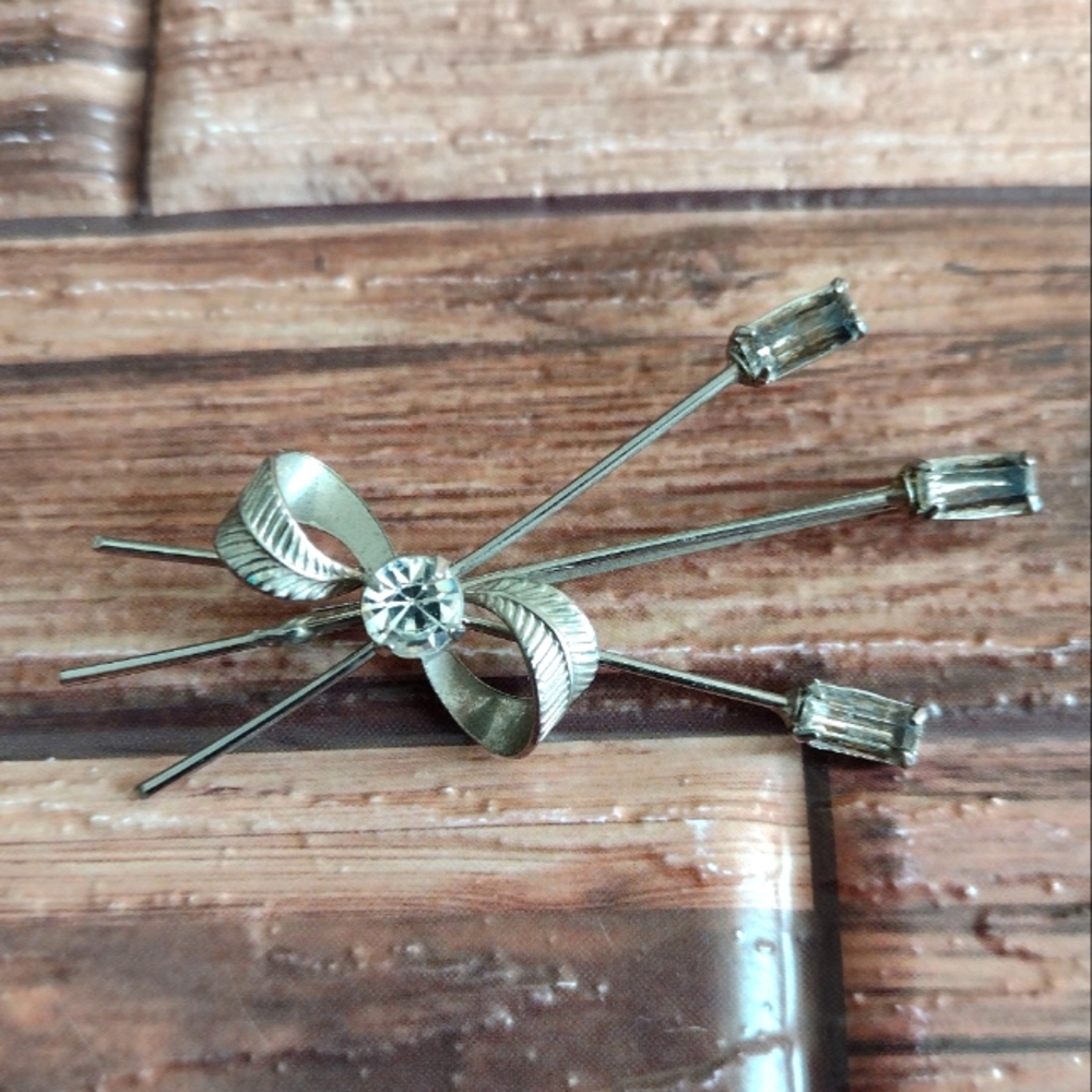 Vintage Art Deco Hair Pin Silver Tone w/ Clear Rhinestones Barrette